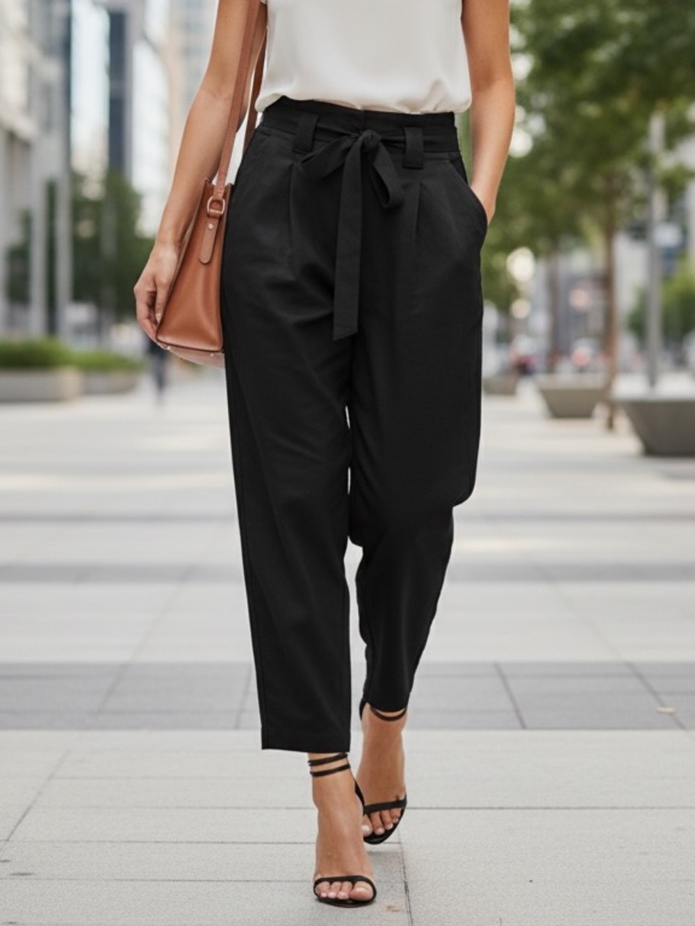 Guess High-Waist Black Paperbag Tie-Belt Trousers